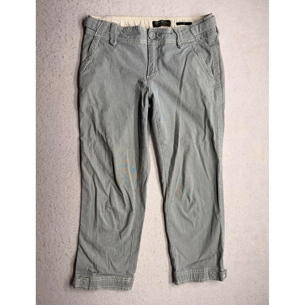 Eddie Bauer Shaw Blue White Ticking Stripe Cropped Pants Womens 4 Stretch Casual